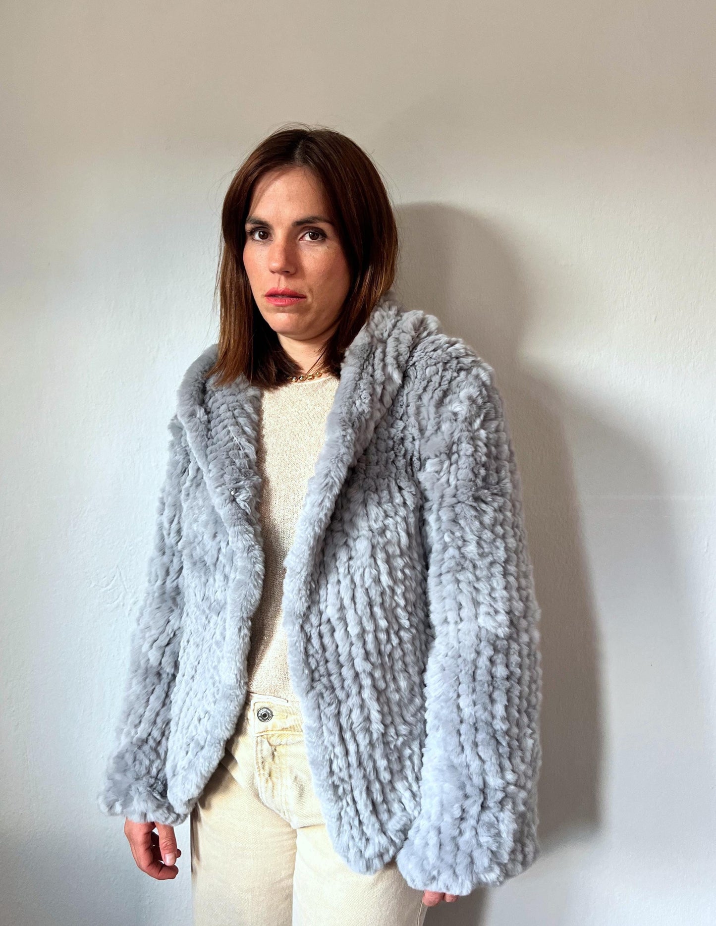 Light Grey Rabbit Fur Hooded Jacket: Handwoven, Frog Closure