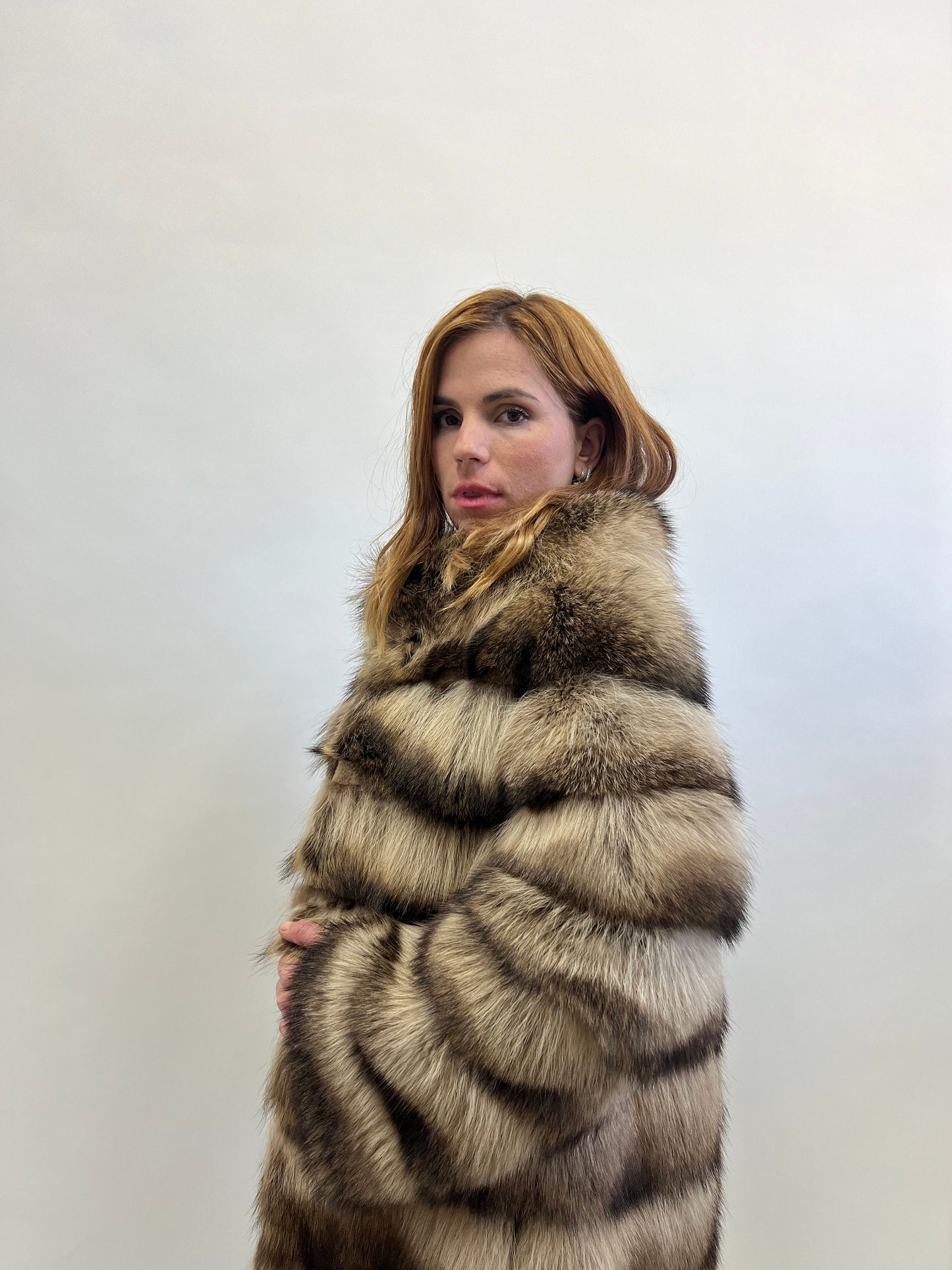 Real Raccoon Fur Coat: Beige Brown Horizontal Sheared Trim size Small.