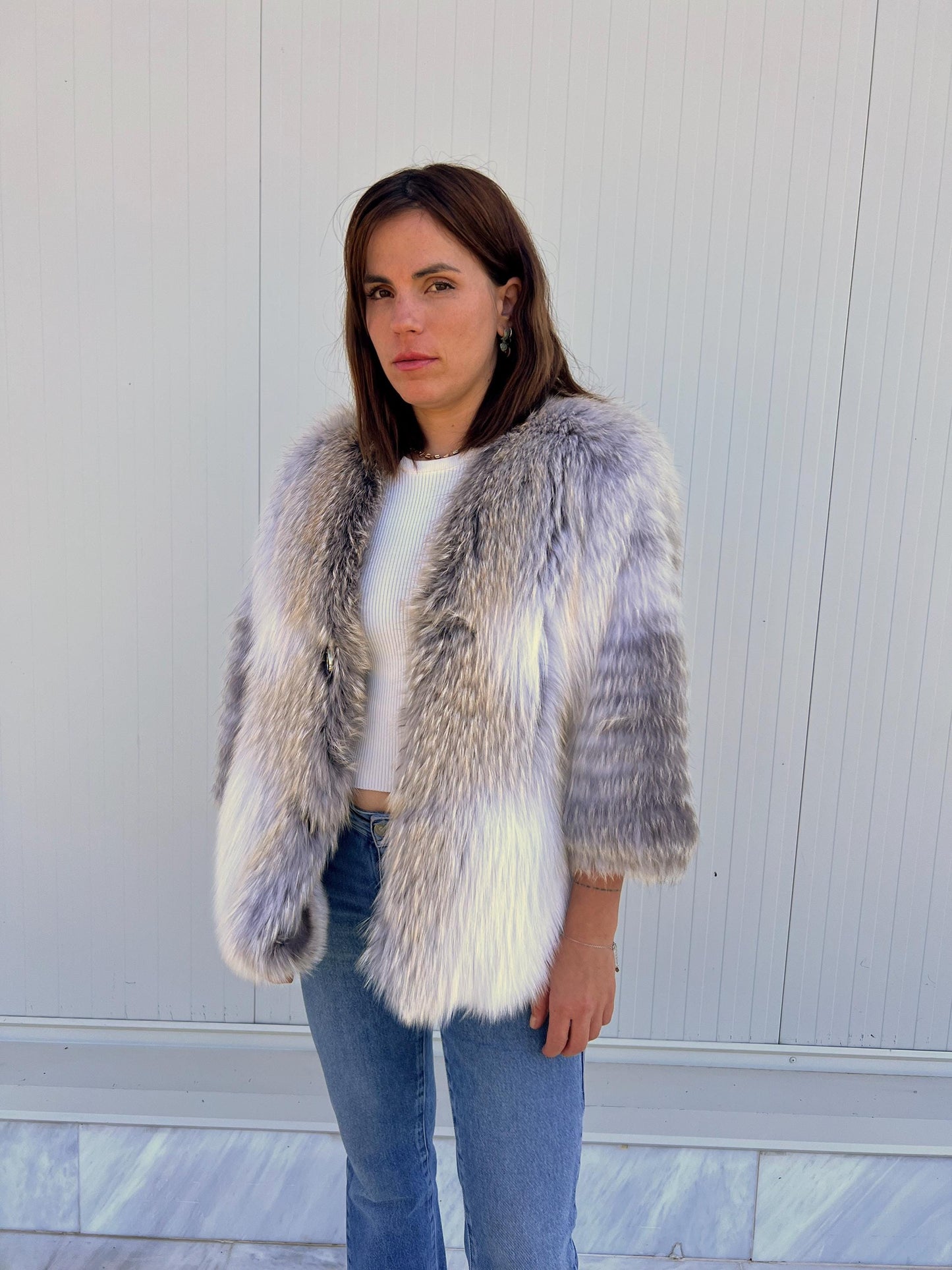 Handmade Fox Fur Jacket: White & Grey Lightweight Fluffy Coat
