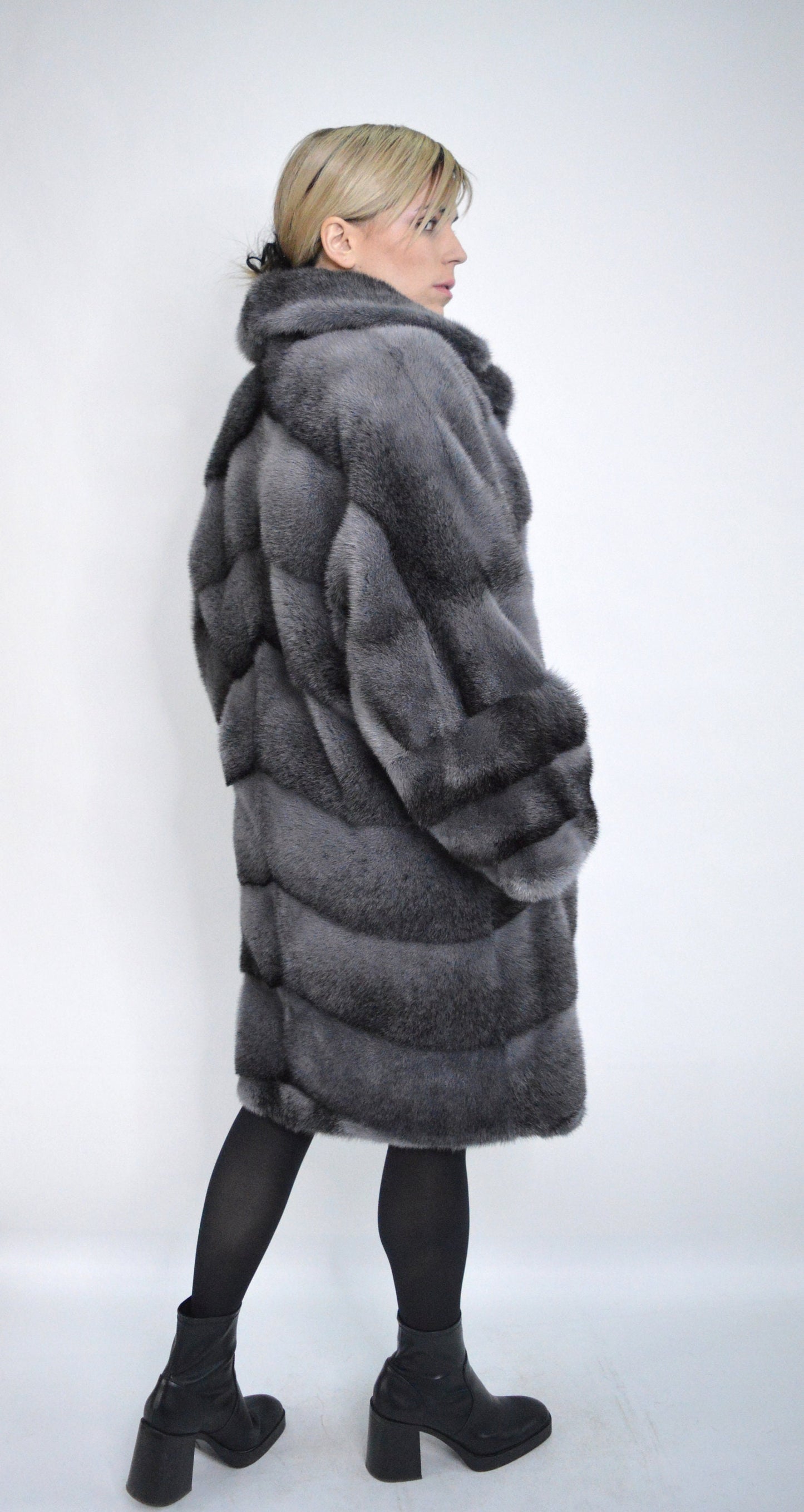 Grey Mink Fur Kimono Coat: Black Cross Dyed, oversized with Leather Belt