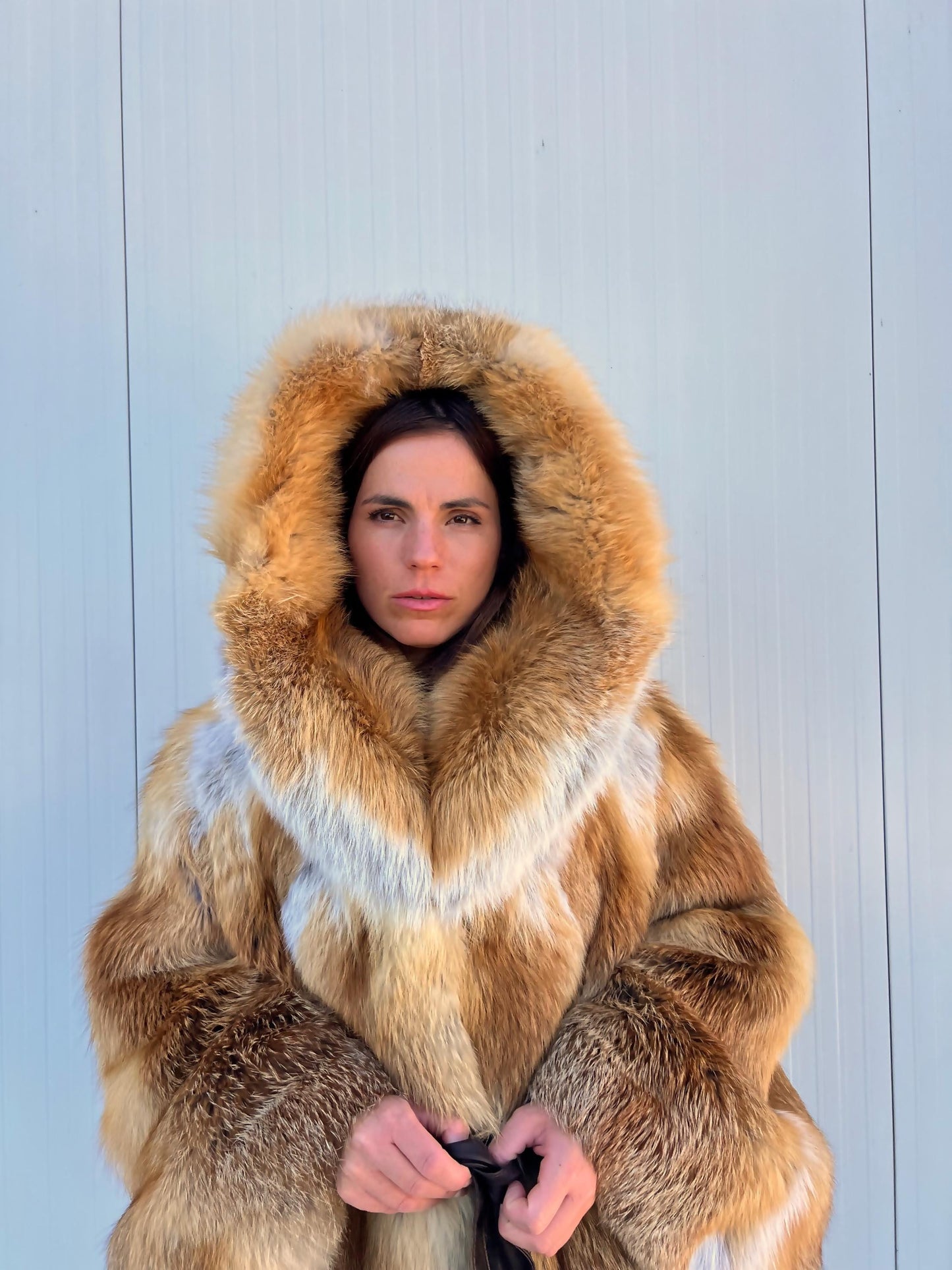 Red Fox Fur Cape with Hood: Handmade Leather Belt Closure