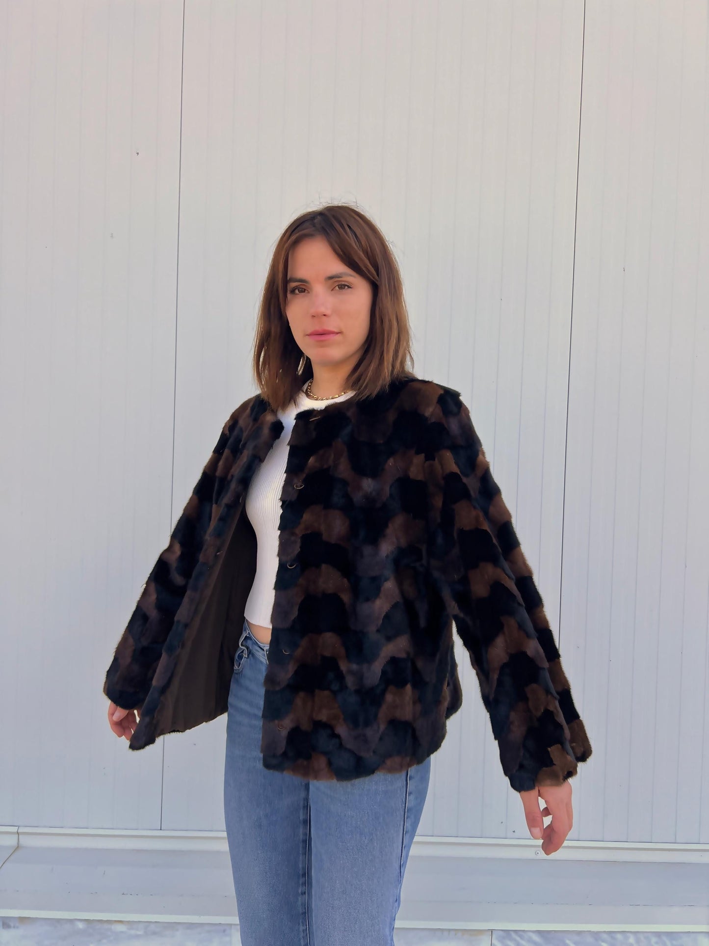 Sheared Mink Fur Jacket: Brown & Black Intarsia Design, Hagen Closure