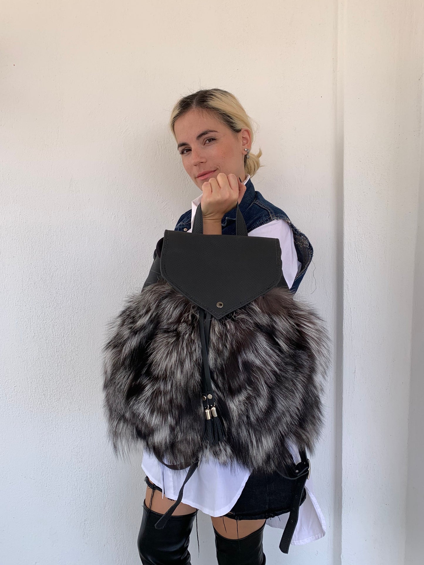 Real Leather & Silver Fox Fur Backpack: Adjustable Straps