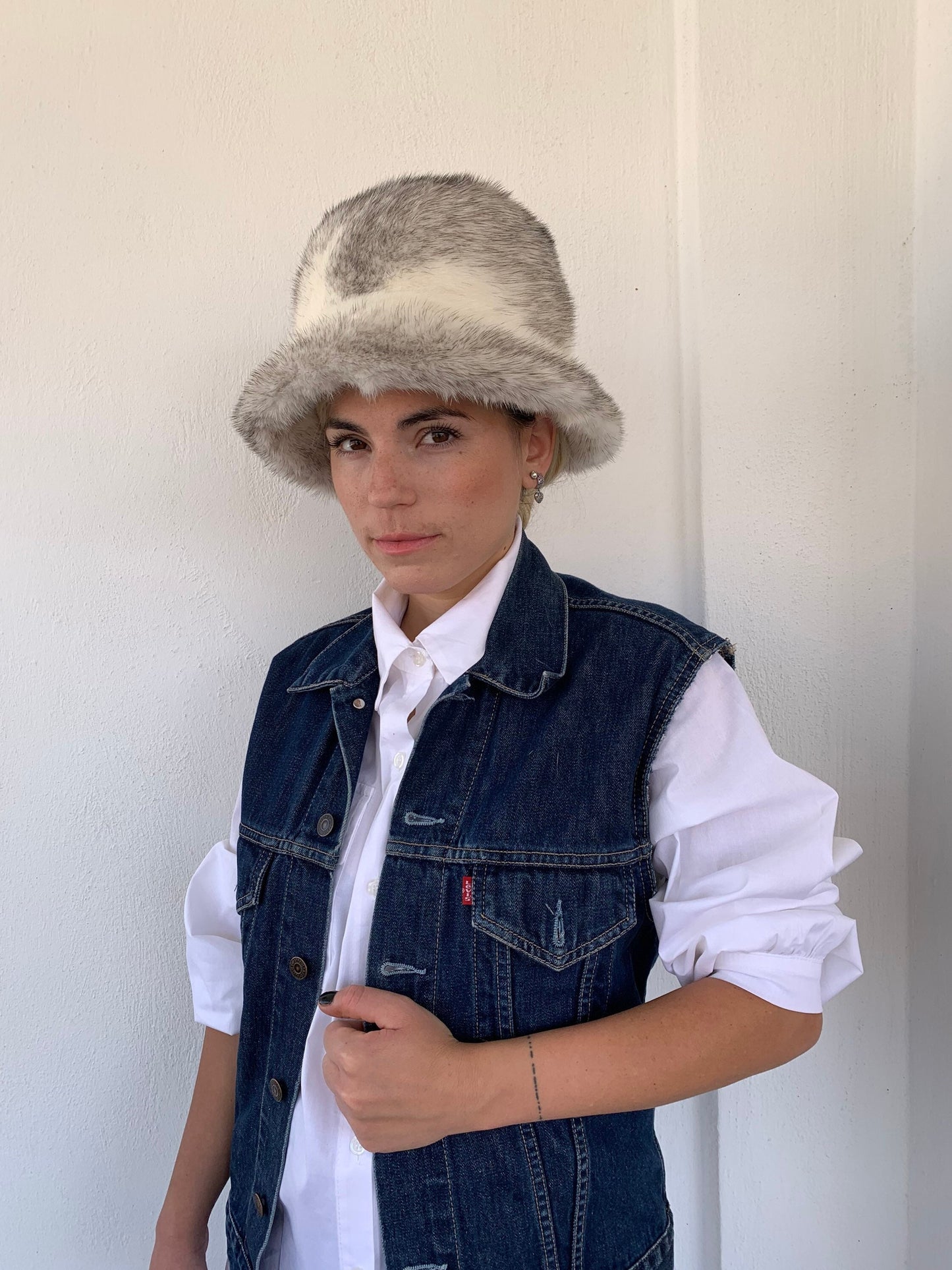 Real Mink Fur Bucket Hat: Silver Cross Design, Padded Lining