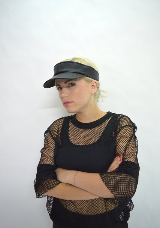 Genuine Leather Visor: Black Tennis Hat, Adjustable Back