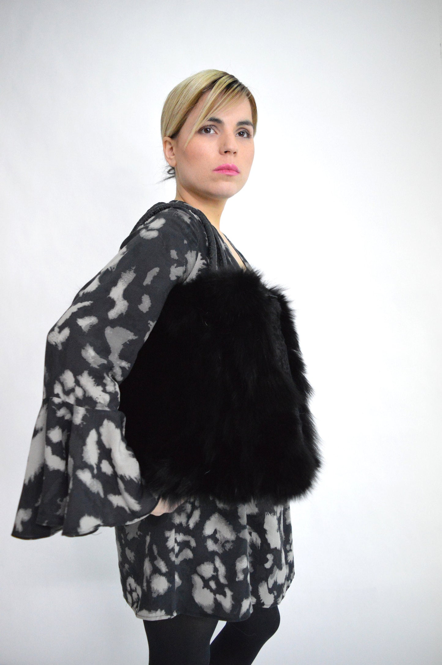 Real Fox Fur Leather Handbag: Fluffy Black Portfolio Bag