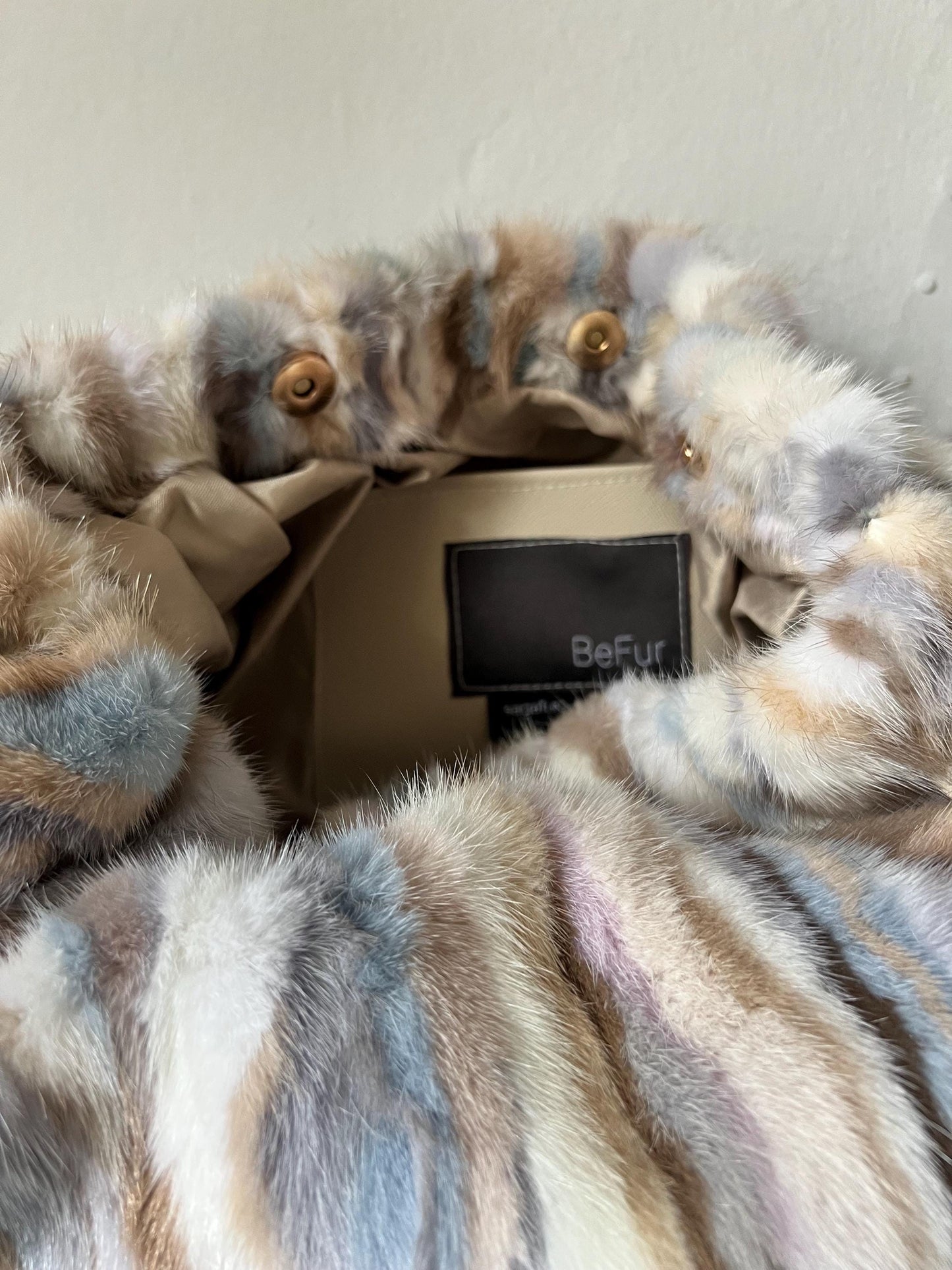 Multicolor Mink Fur Pouch Bag: Slouchy Shoulder Bag with Bronze Straps