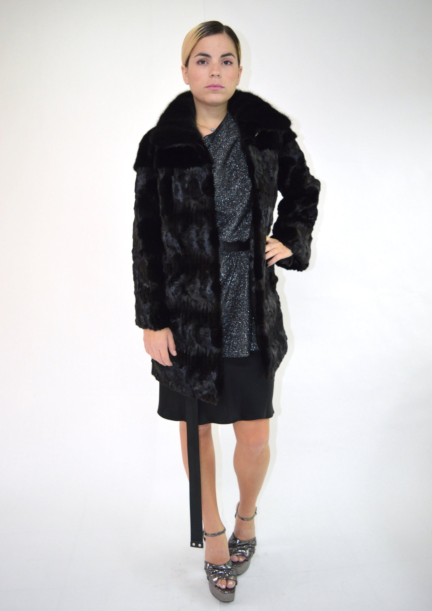 Black Mink Fur Jacket, Genuine Fur Pelt,with Collar