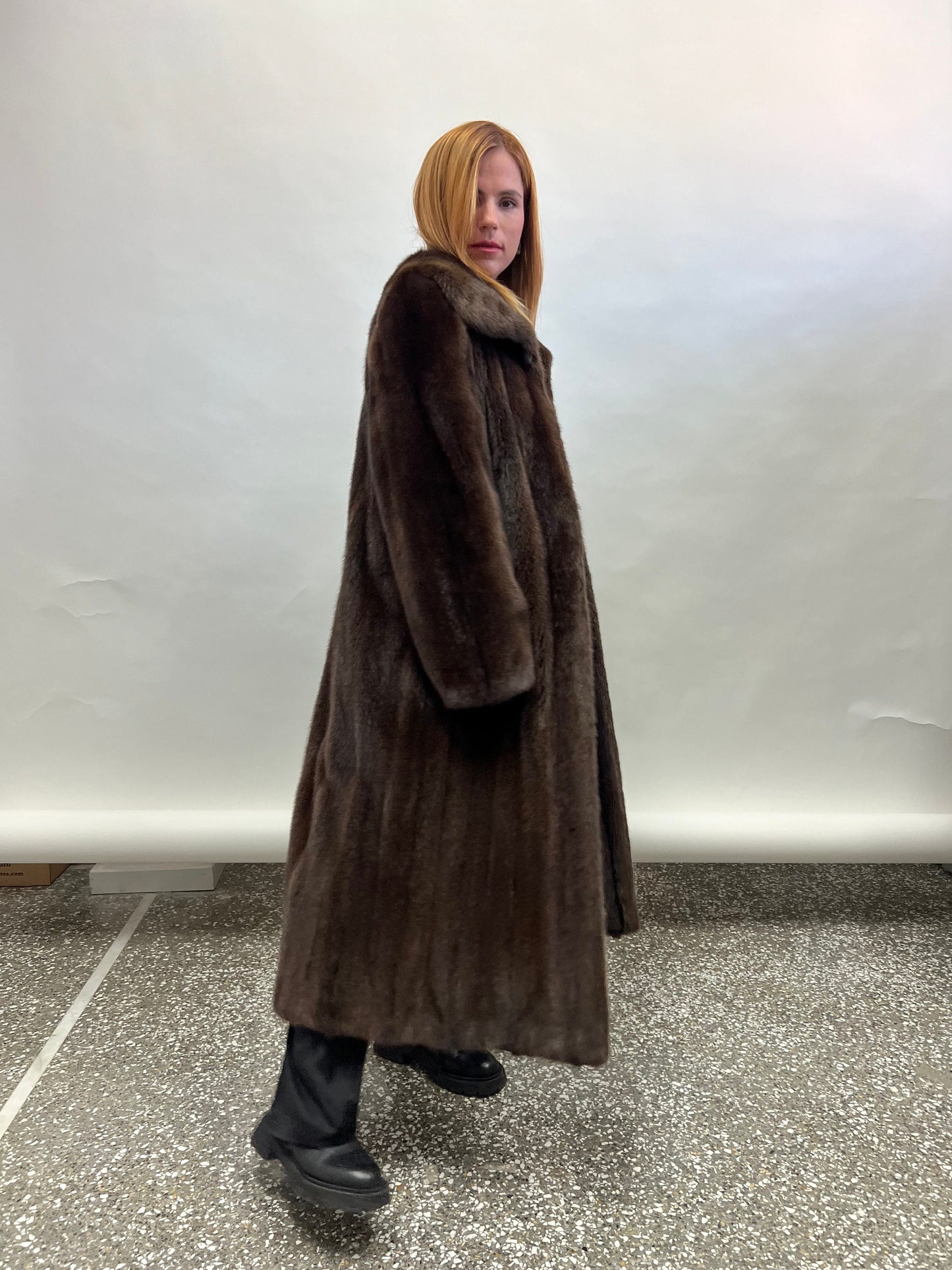 Handmade Brown Mink Fur Coat: Long Collared Stroller, Size Small
