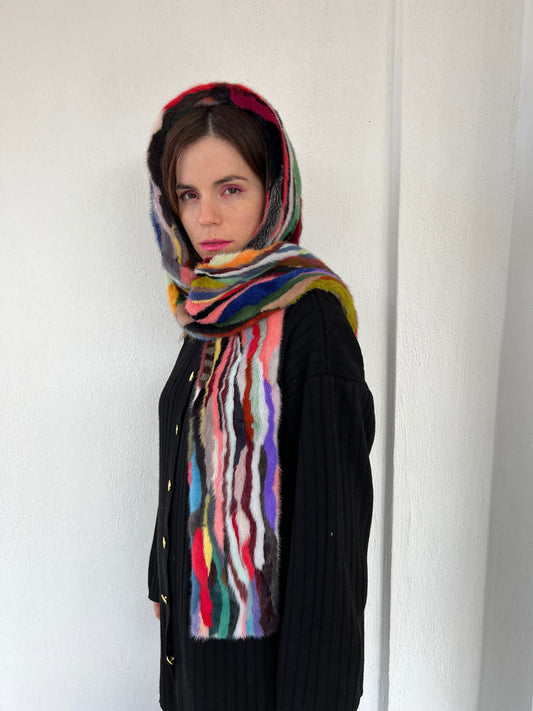 Multicolor Mink Fur Scarf: Genuine Long Fur Stole