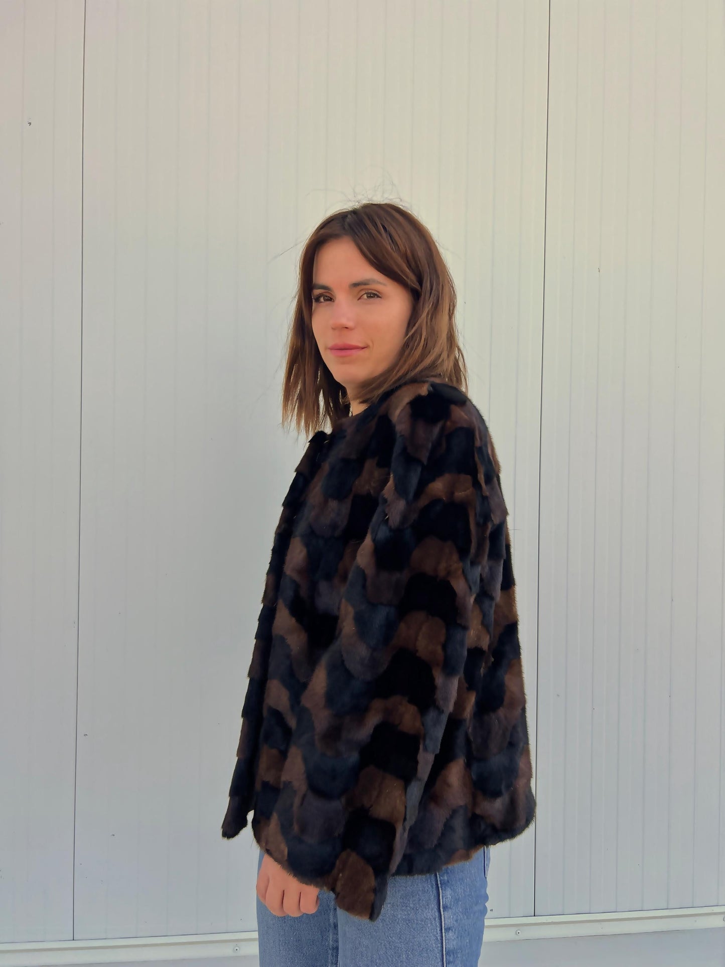 Sheared Mink Fur Jacket: Brown & Black Intarsia Design, Hagen Closure