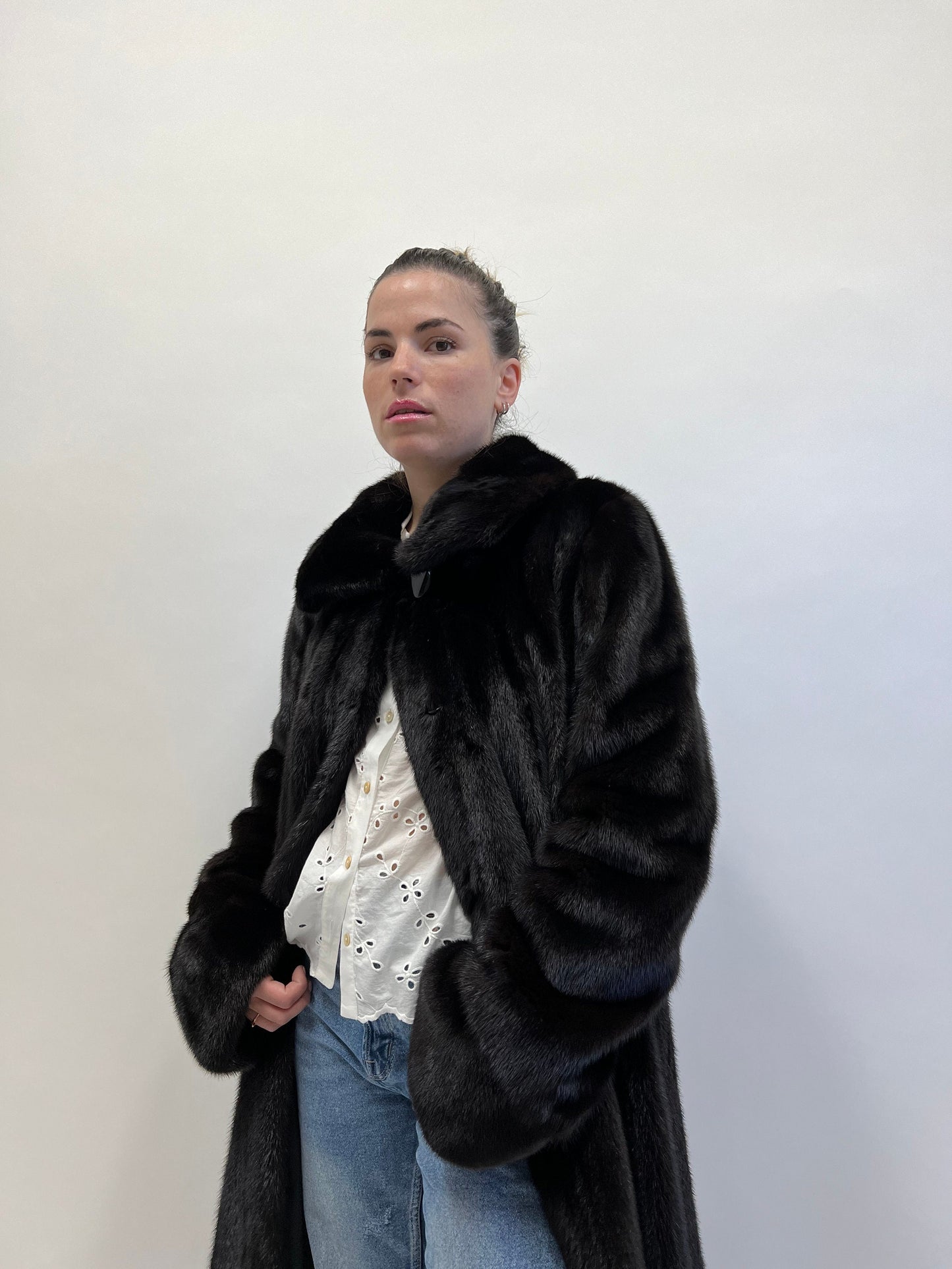 Handmade Black Mink Fur Long Coat: Luxury Godet Style