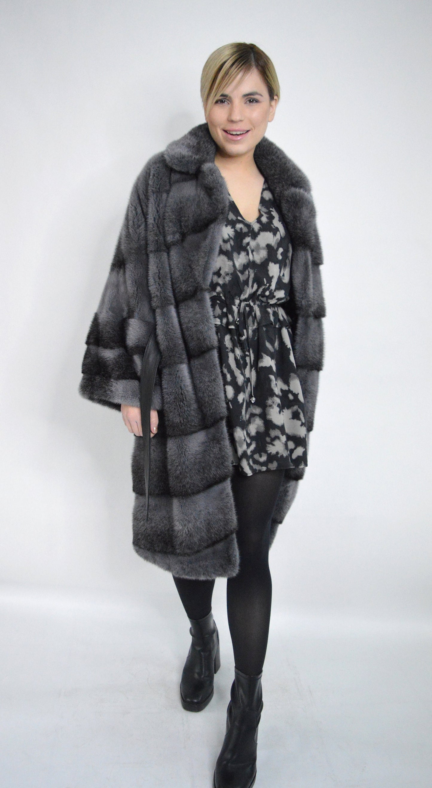 Grey Mink Fur Kimono Coat: Black Cross Dyed, oversized with Leather Belt