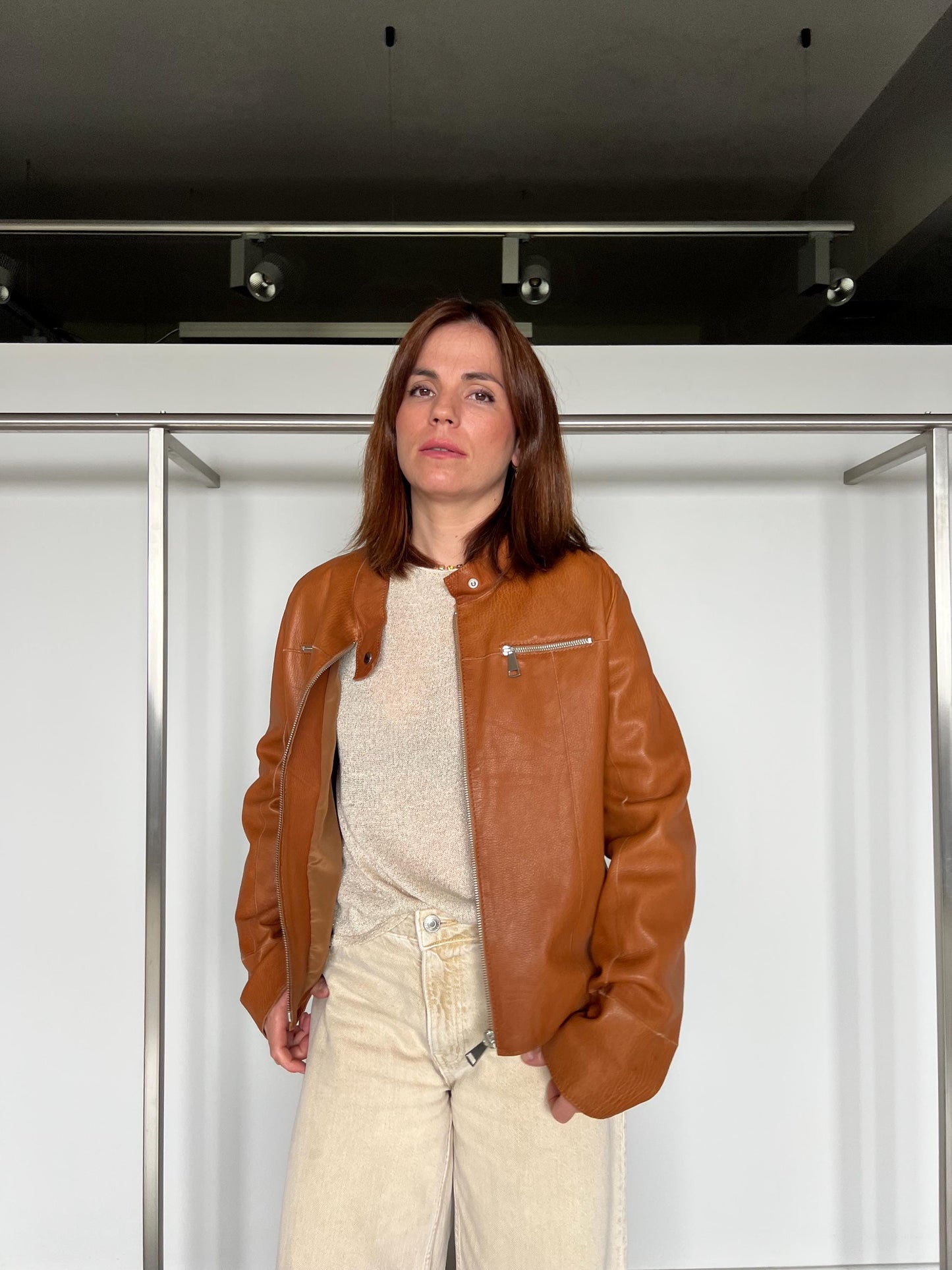 Handmade Tan Brown Lamb Leather Jacket: Whiskey Crackle S (Small)