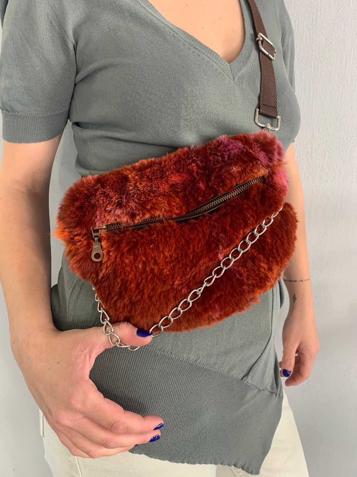 Terracotta Rabbit Fur Bumbag with Chain Strap