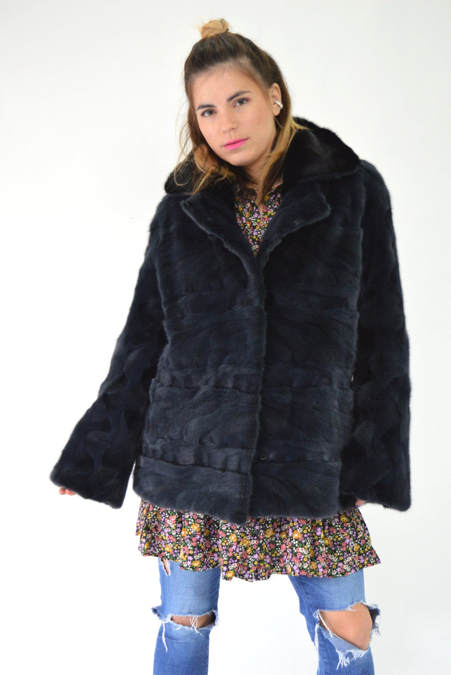 Navy Blue Mink Fur Stroller Coat: Black Collar, Luxury Gift
