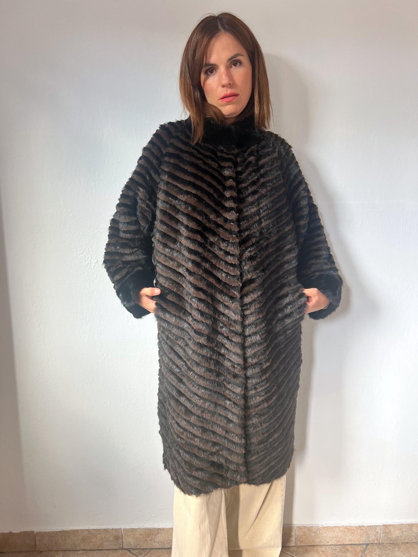 Handwoven Mink Fur Coat - Wool Lined Jacket