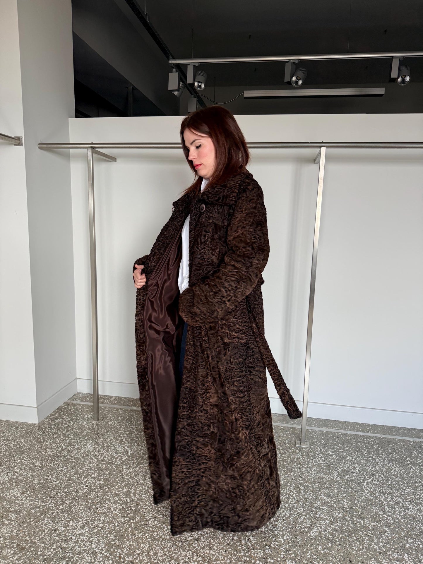 Handmade Brown Swakara Curly Fur Coat with Tie Belt – Extremely Warm Sheepskin Coat