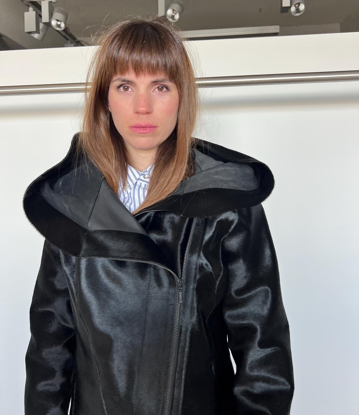 Genuine Hair-On Leather Coat: Black Cavallino Calf Jacket with Hood