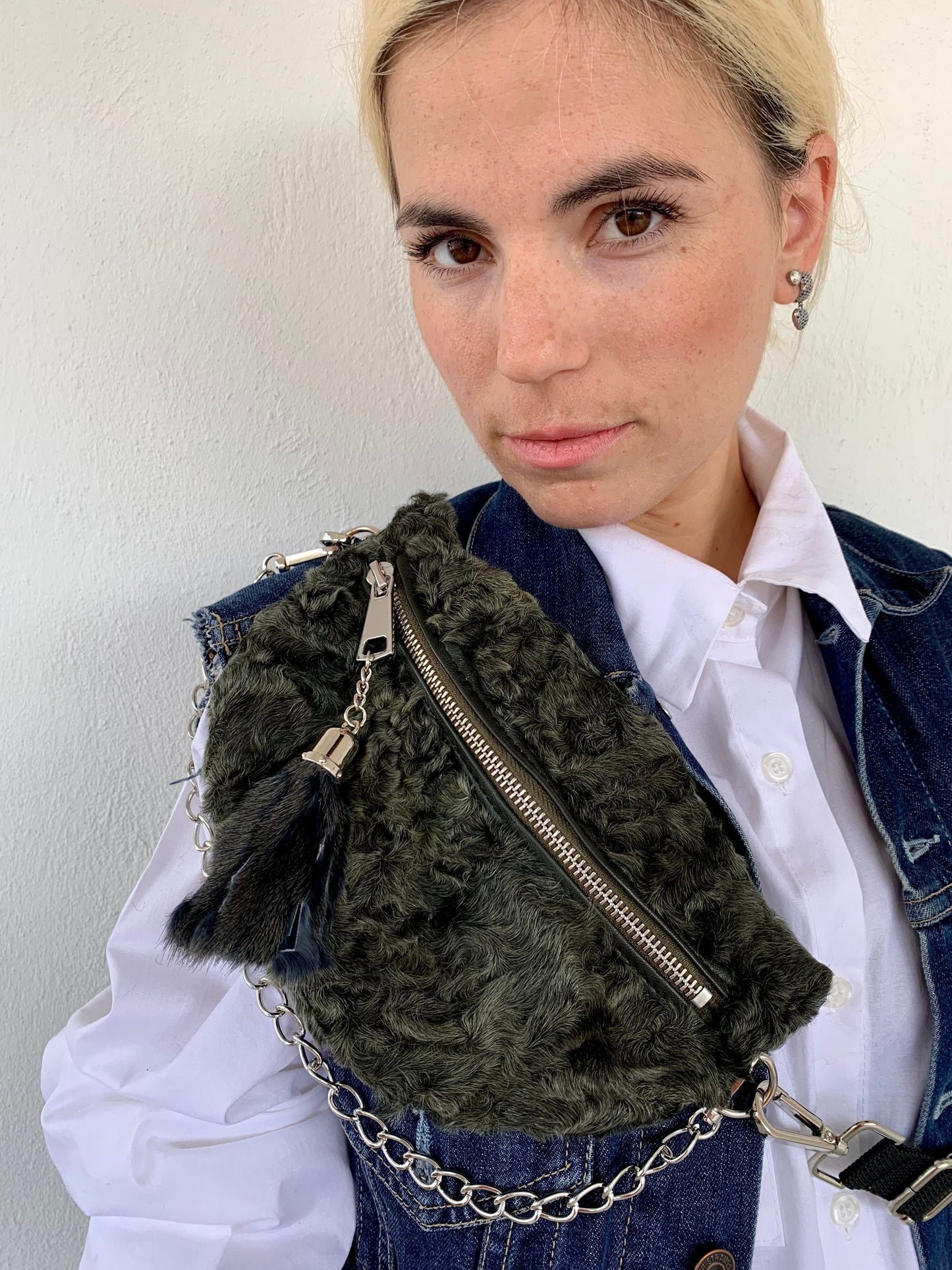 Olive Lamb Fur Bumbag with Chain Tassel: Luxury Fanny Pack