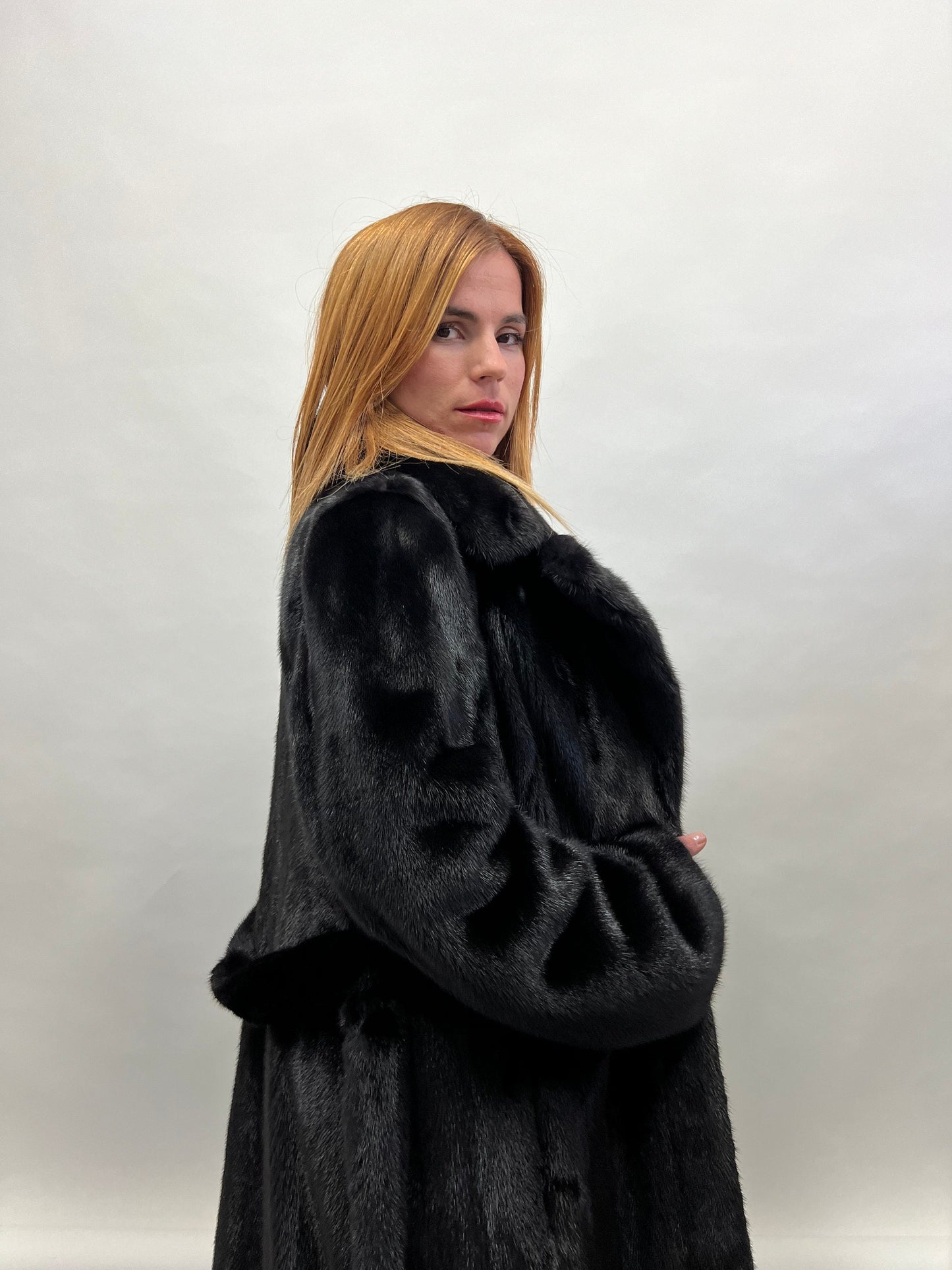 Black Saga Mink Fur Coat with Belt, Luxury Texture