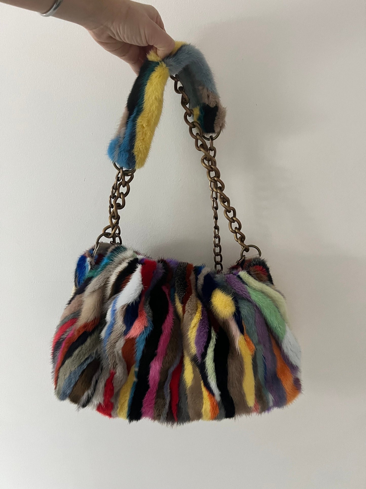 Handmade Multicolored Mink Fur Shoulder Bag with Bronze Straps