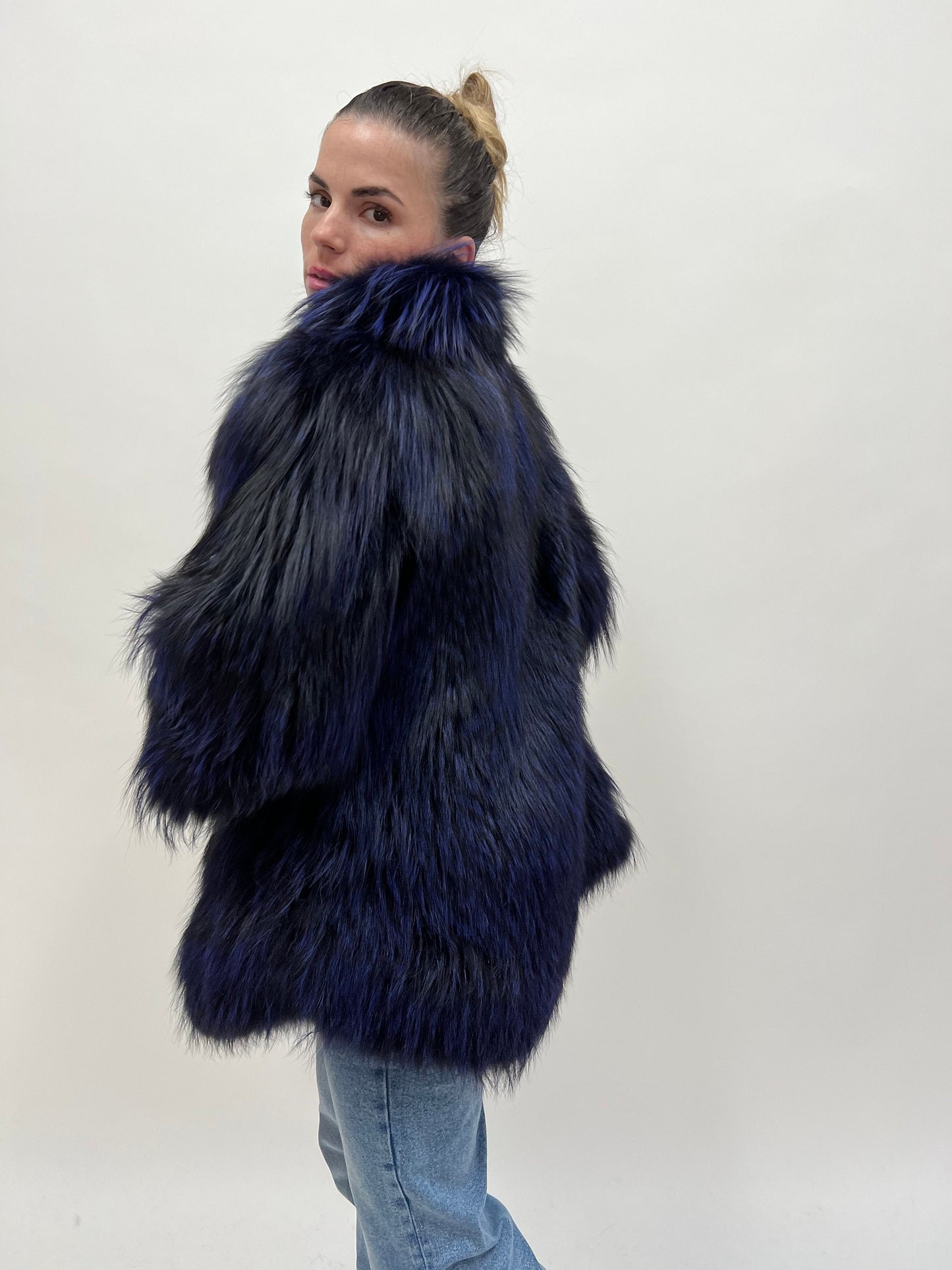 Real Navy Blue Fox Fur Coat: Luxury Women's Stroller, Size Large