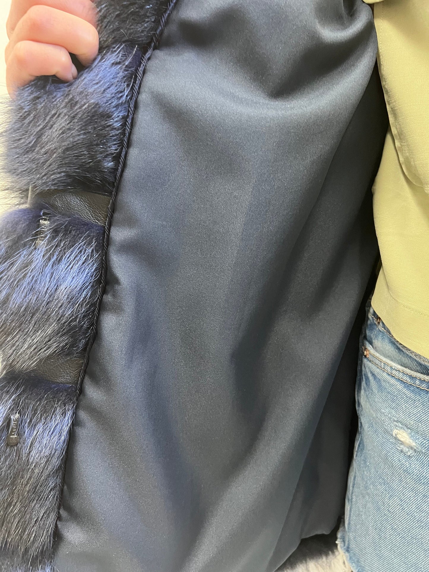 Genuine Blue Raccoon Fur Hooded Jacket: Leather Trim, Size Small