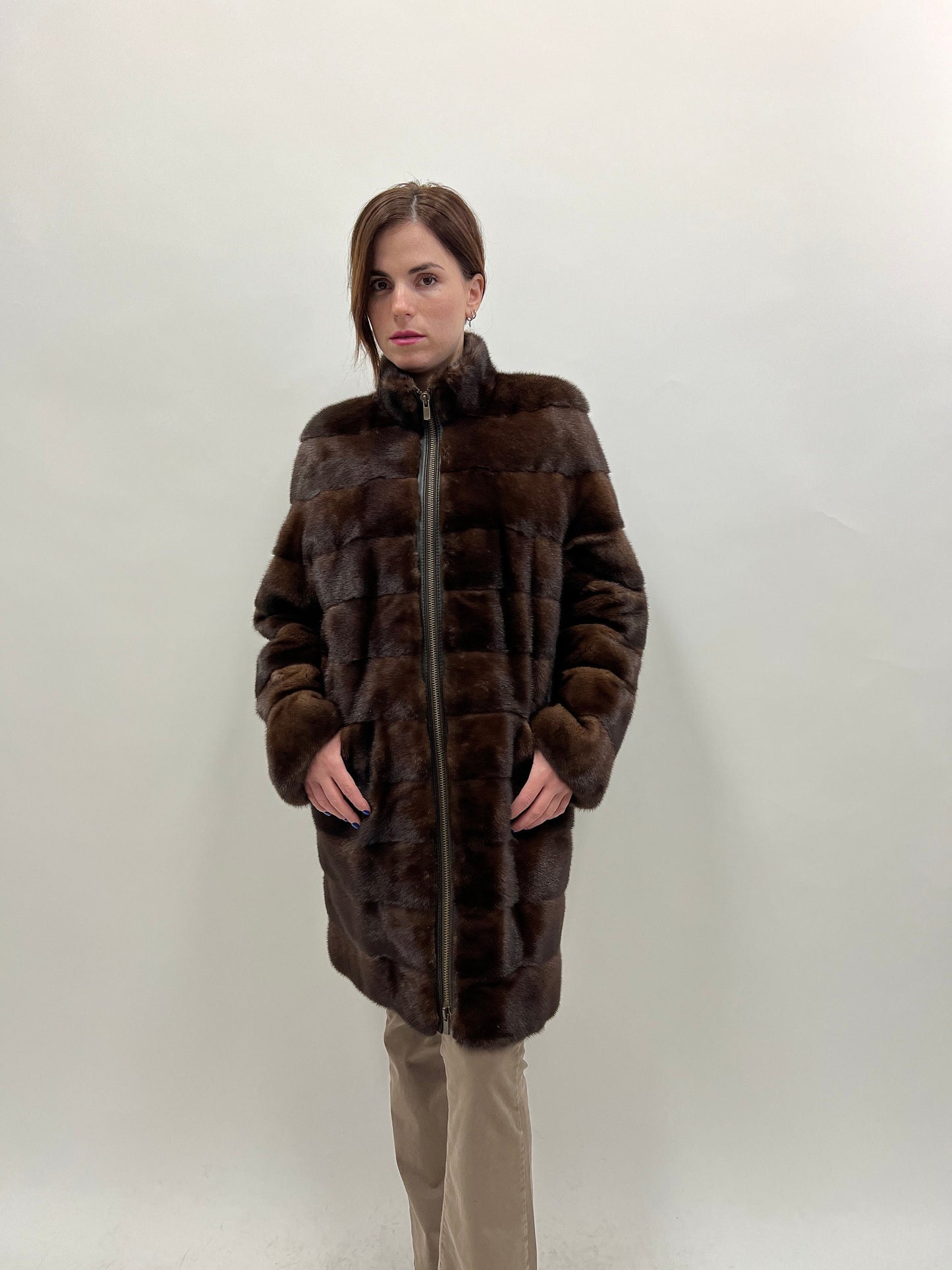 Brown Mink Fur Coat: Saga Male Pelts, Zipped Modern Design