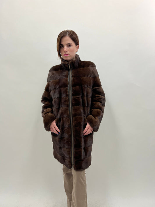 Brown Mink Fur Coat: Saga Male Pelts, Zipped Modern Design