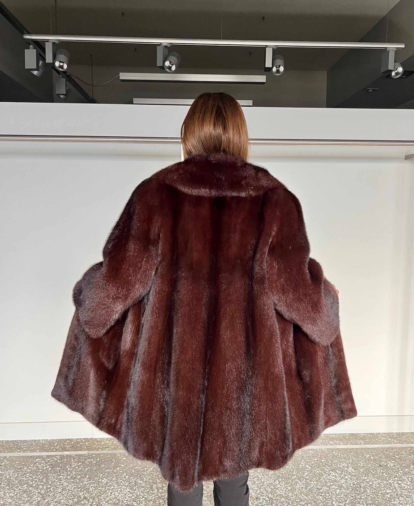 Burgundy Mink Fur Coat: Saga Quality, Stand Up Collar (Medium)