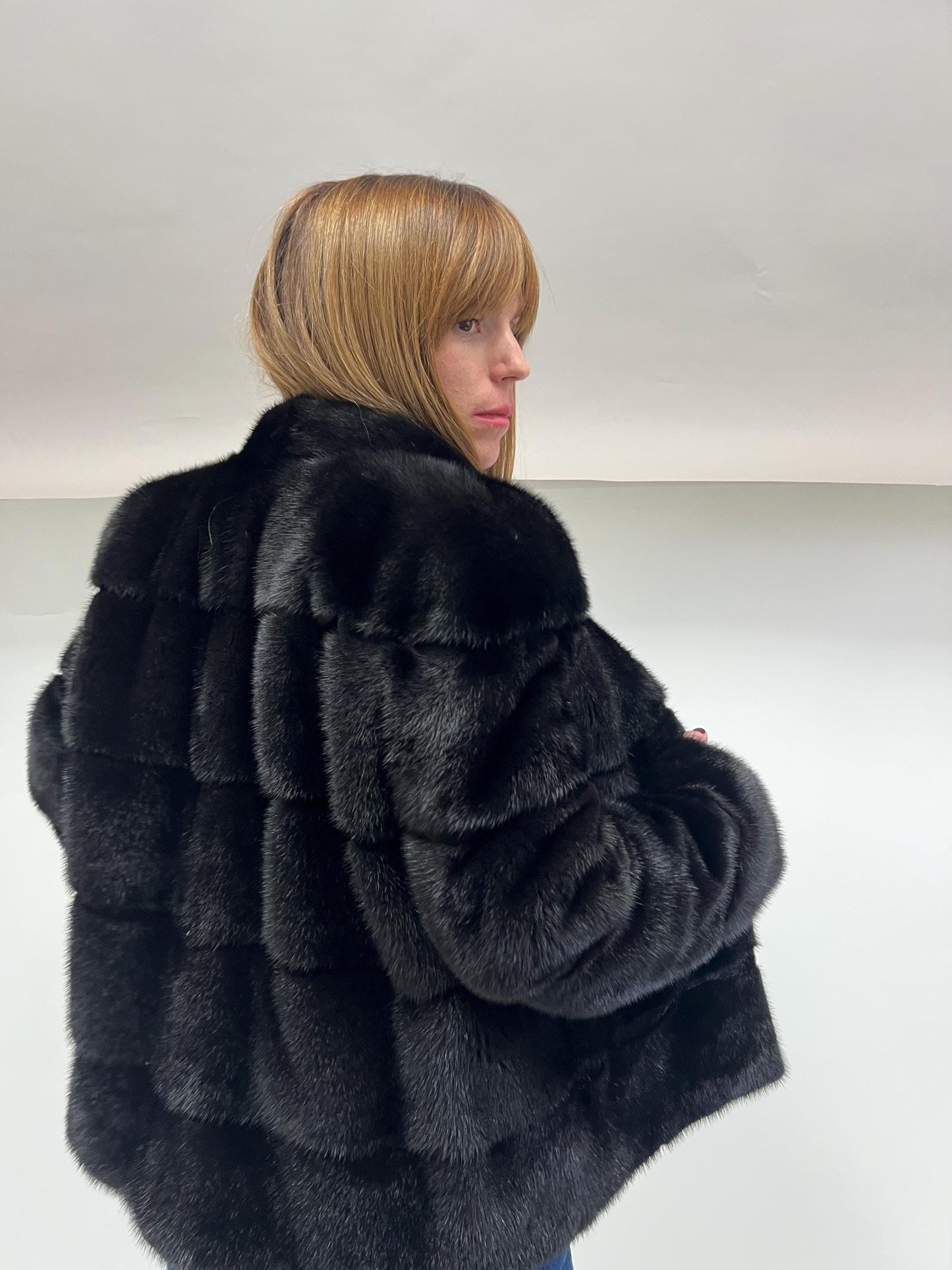Saga Mink Fur Bolero Jacket: Black Horizontal Collar, Full Skin