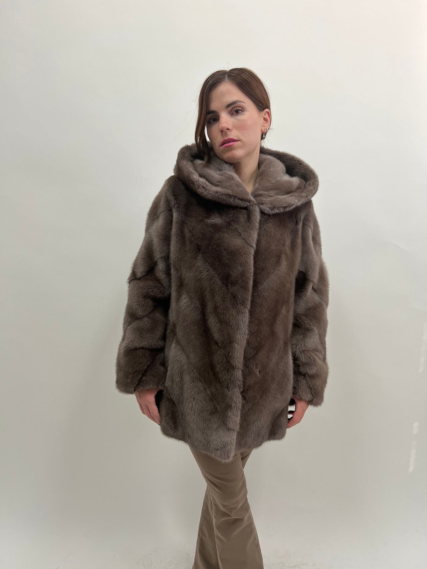 Saga Mink Fur Hooded Jacket, Warm Grey Diagonal Coat