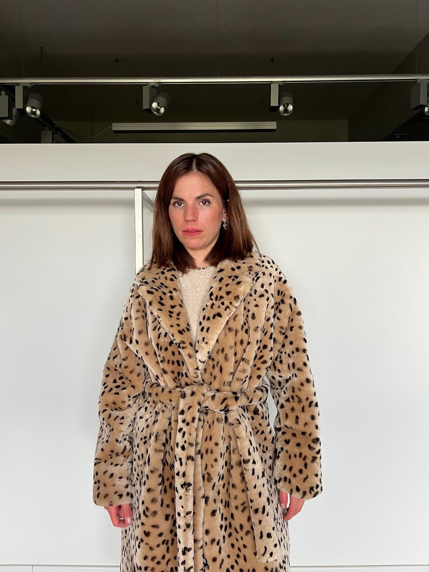 Handmade Merino Shearling Coat: Animal Stamp Fur Stroller, Brown Leather Wrap