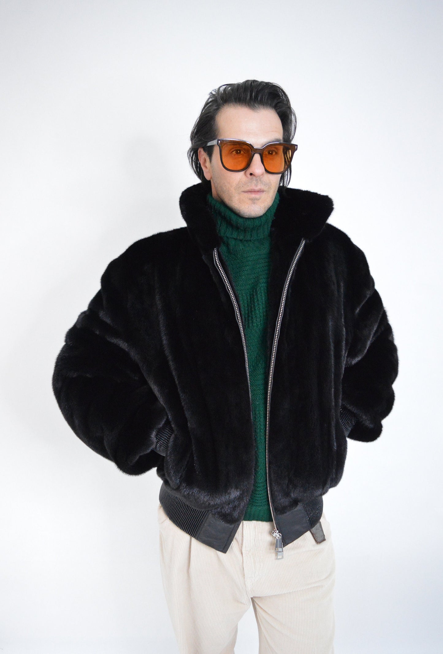 Velvet Mink Bomber Jacket: Black Saga velvet for men with Leather Details