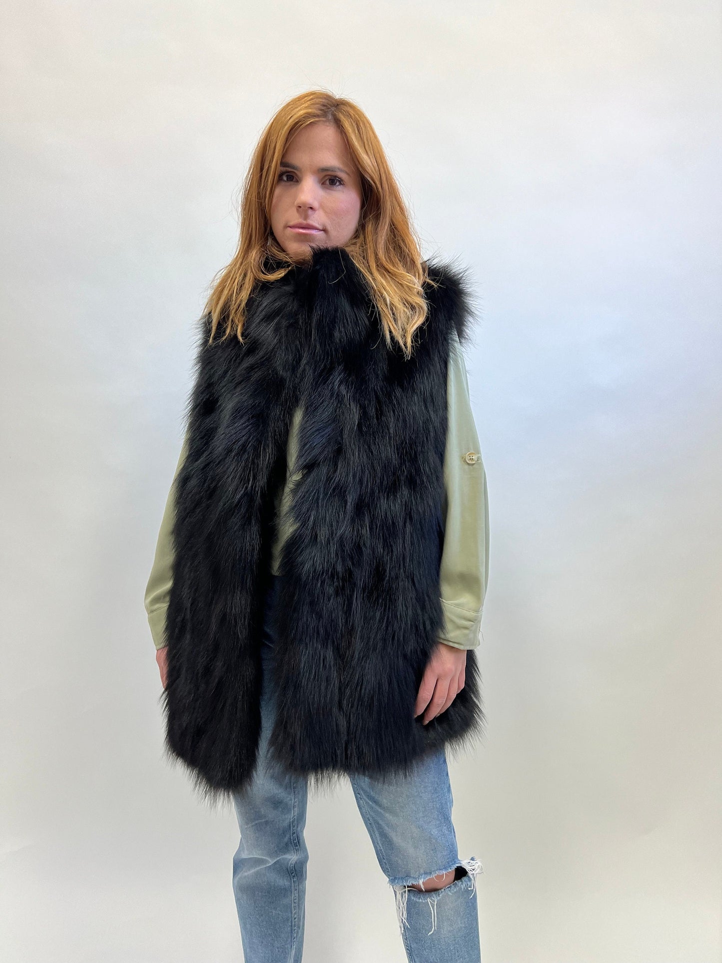 Real Black Fox Fur Vest, Genuine Pelt Winter Jacket, Medium