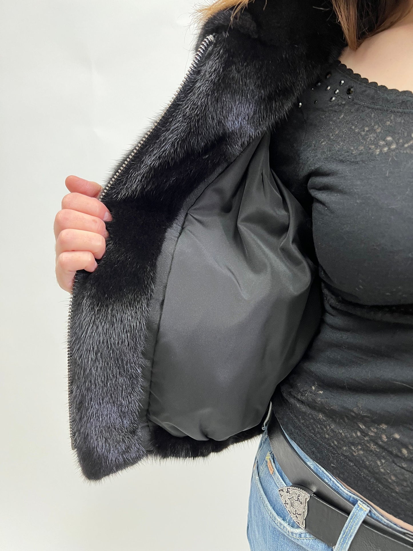 Real Mink Fur Velvet Bomber Jacket - Black, Big Collar