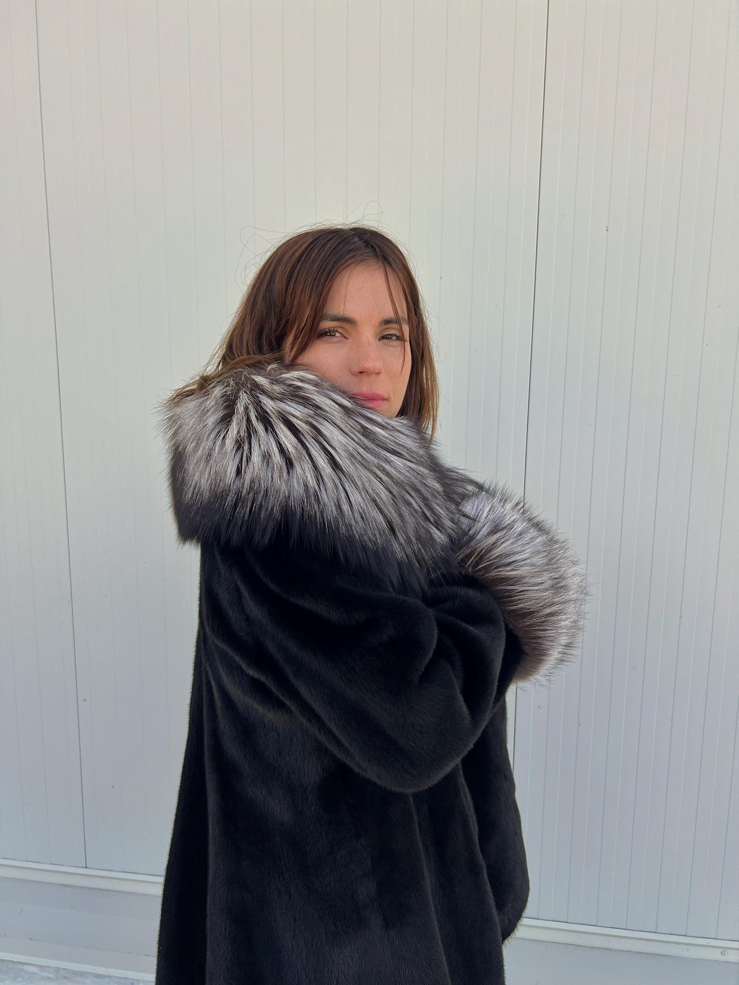 Blackglama Mink Fur Stroller Coat: Silver Fox Collar & Cuffs, Handmade Luxury Jacket (Large)