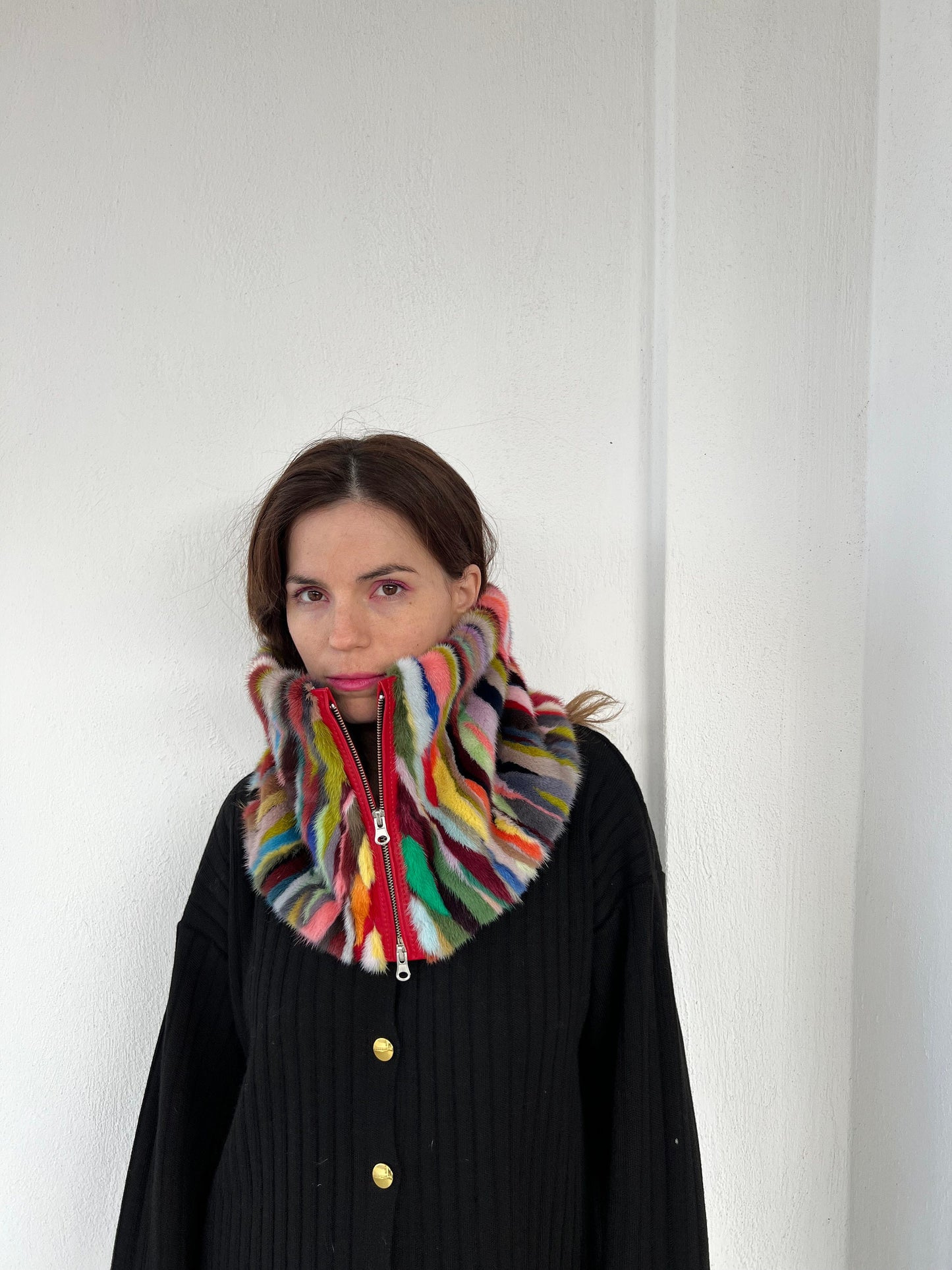 Multicolored Mink Fur Cowl: Zipped Leather Detail Infinity Scarf