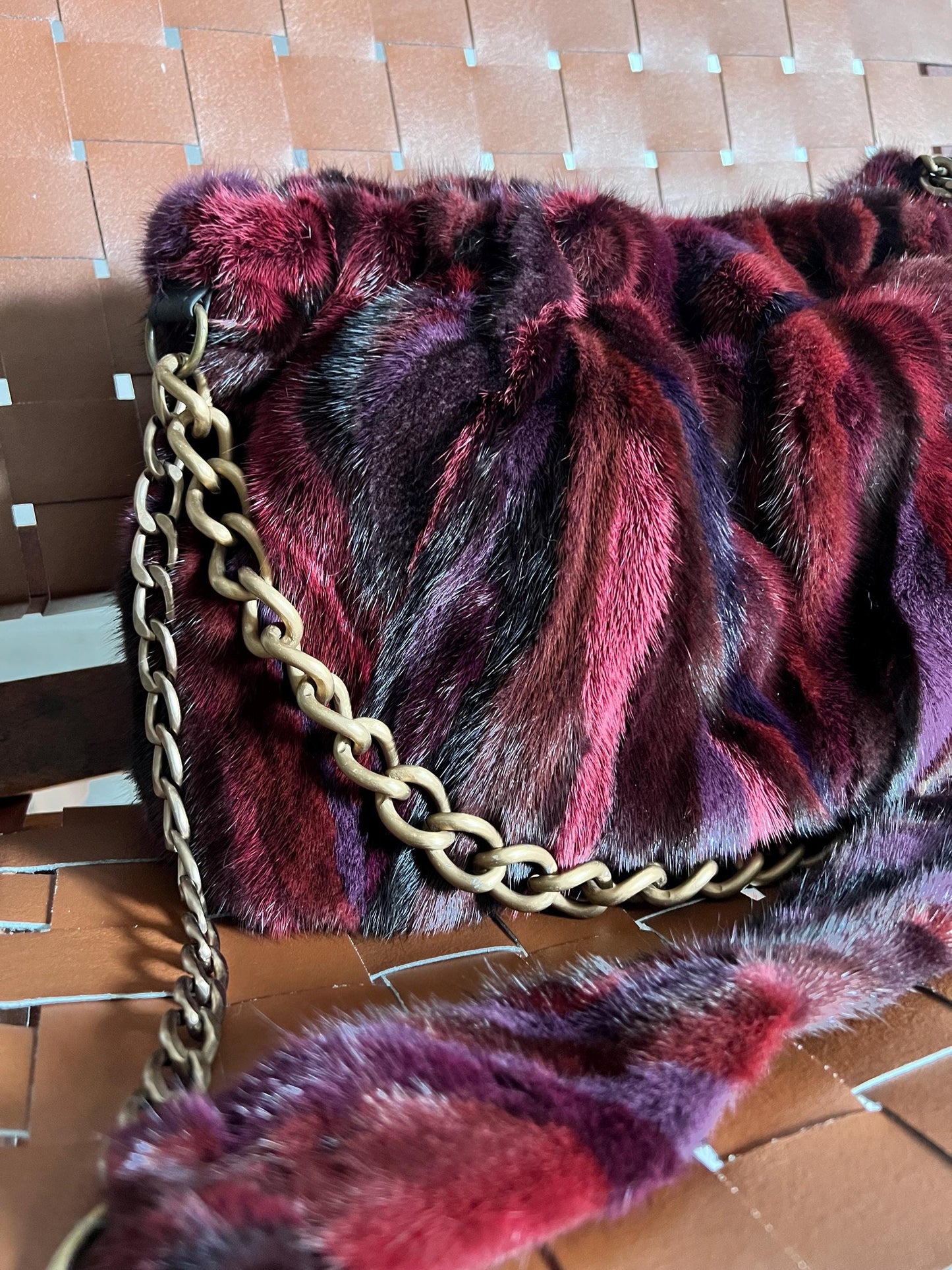 Handmade Mink Fur Slouchy Shoulder Bagin Burgundy : Luxury Cross-body Purse in army shades.