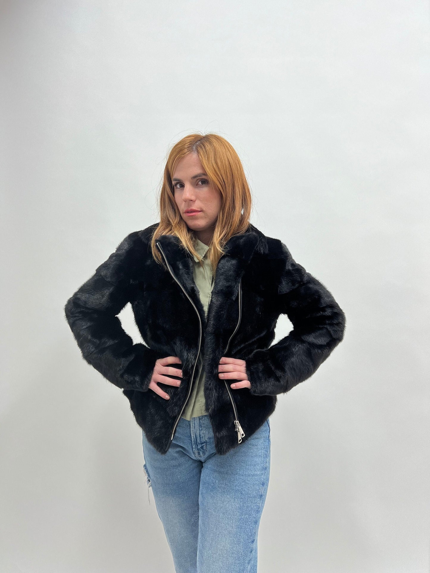 Black Mink Biker Jacket: Horizontal Fur, Silver Hardware