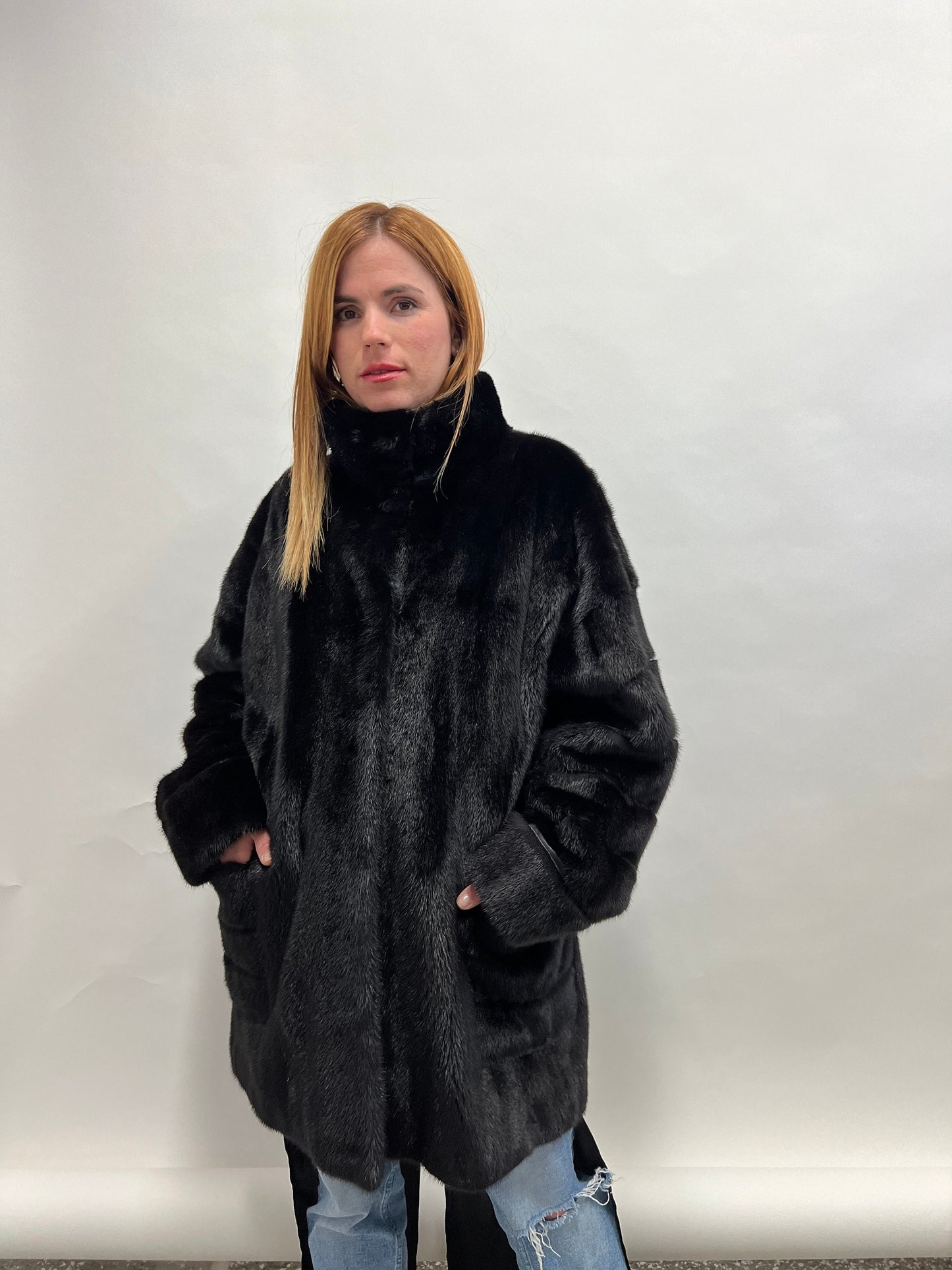 Black Mink Fur Coat, Boxy Jacket with Collar, Size Small