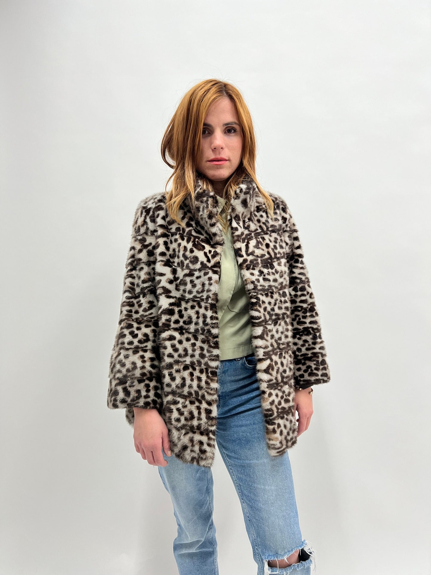 Leopard Print Mink Fur Jacket: Animal stamp Brown Full Skin Coat