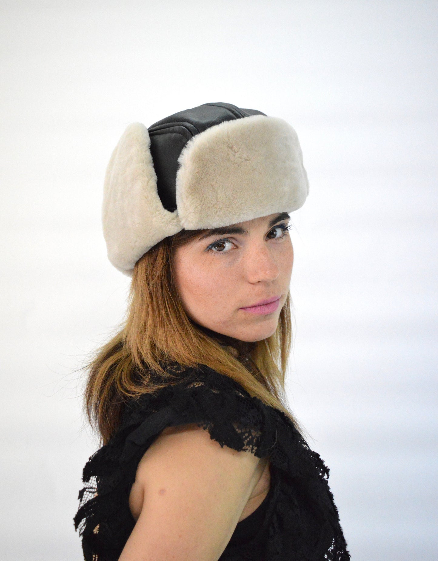 Shearling Fur Trapper Hat: Cream & Bordeaux Sheepskin Aviator Style