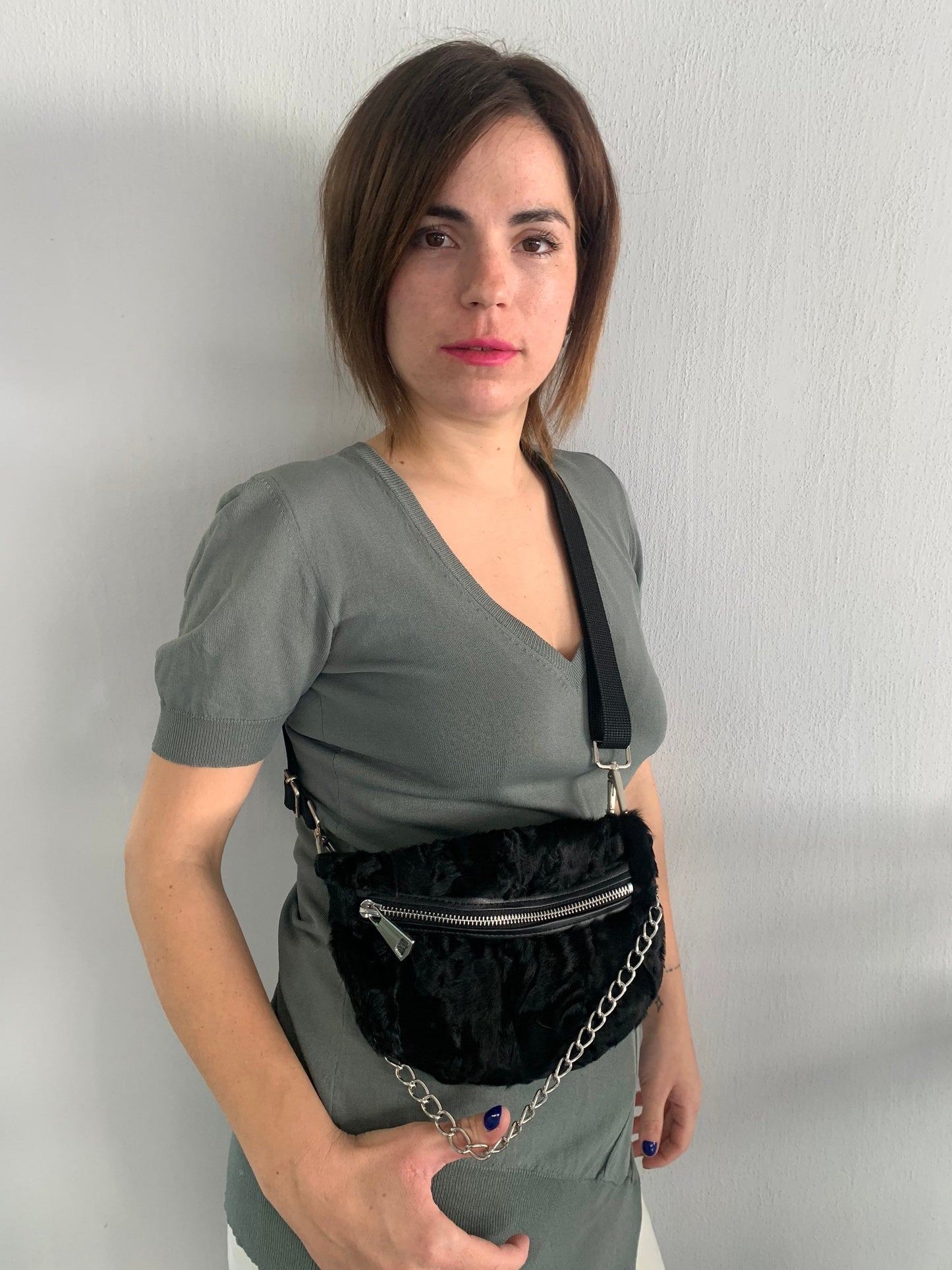 Black Mink Fur Bumbag with Chain: Luxury Fanny Pack
