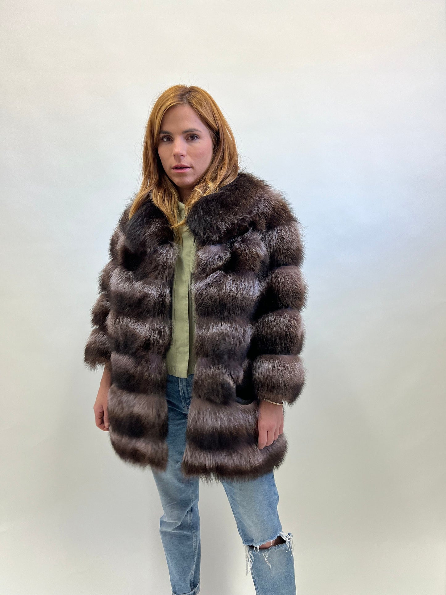 Genuine Raccoon Fur Jacket: Brown Levante Leather Trim Collar