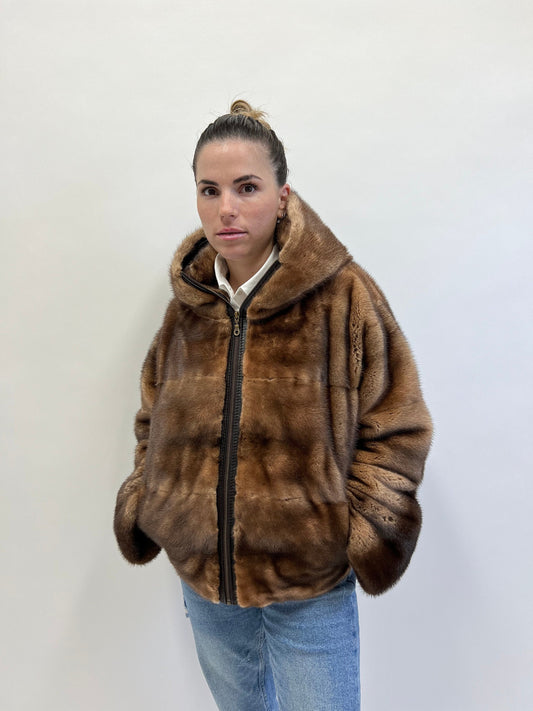 Saga Furs Mink Jacket: Tan Brown Degrade Fur, Hooded