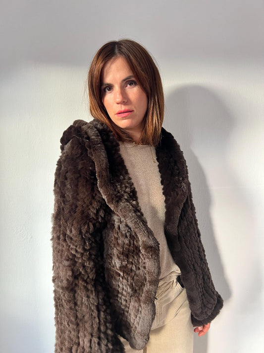 Handwoven Brown Rabbit Fur Hooded Jacket - Frog Closure