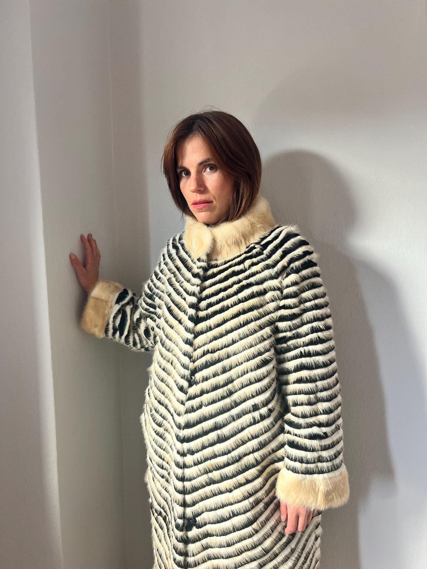 Handwoven Mink Fur Coat: Beige & Black Wool Lined Jacket