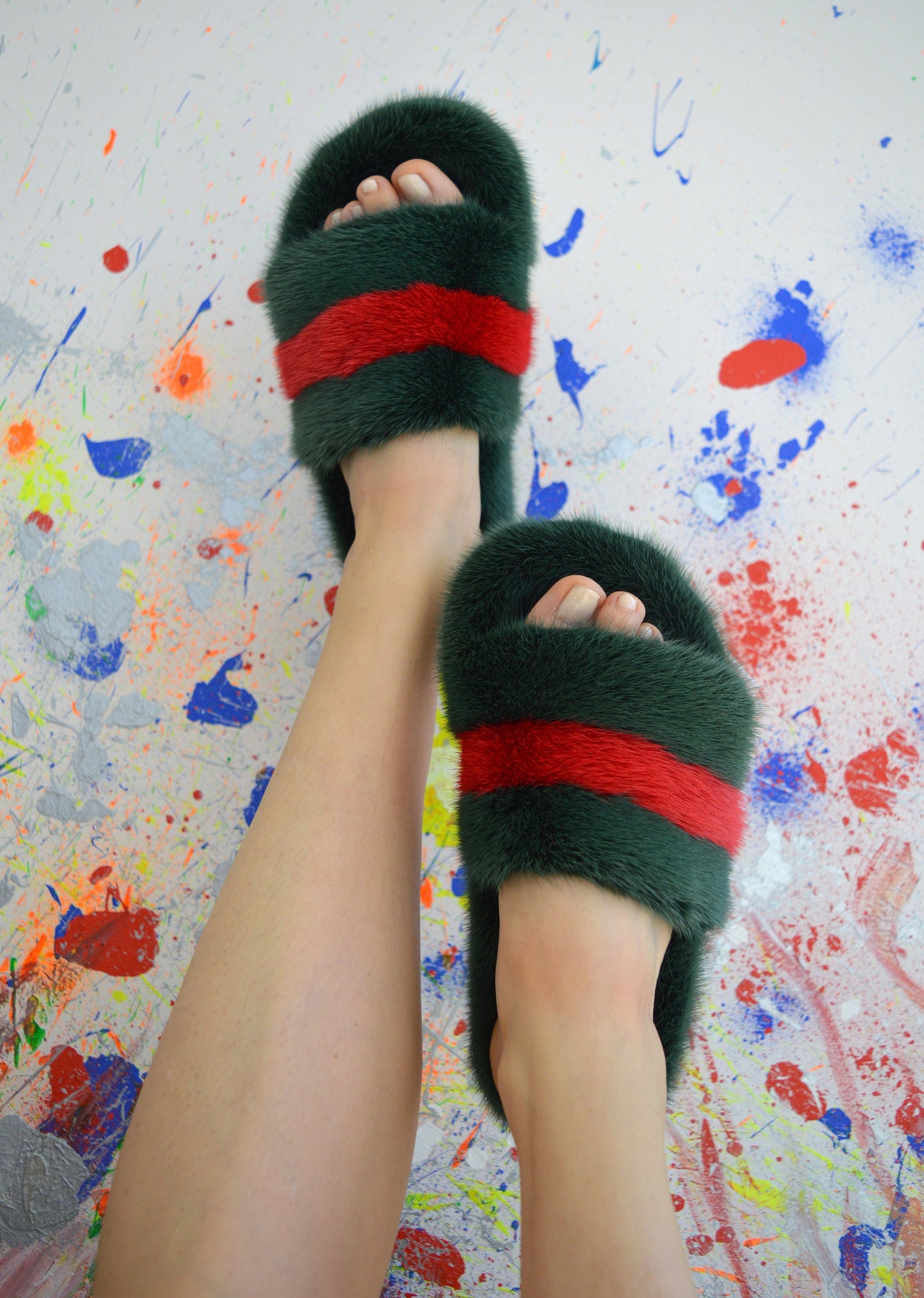 Green & Red Mink Fur Slides: Luxury Comfy Slippers